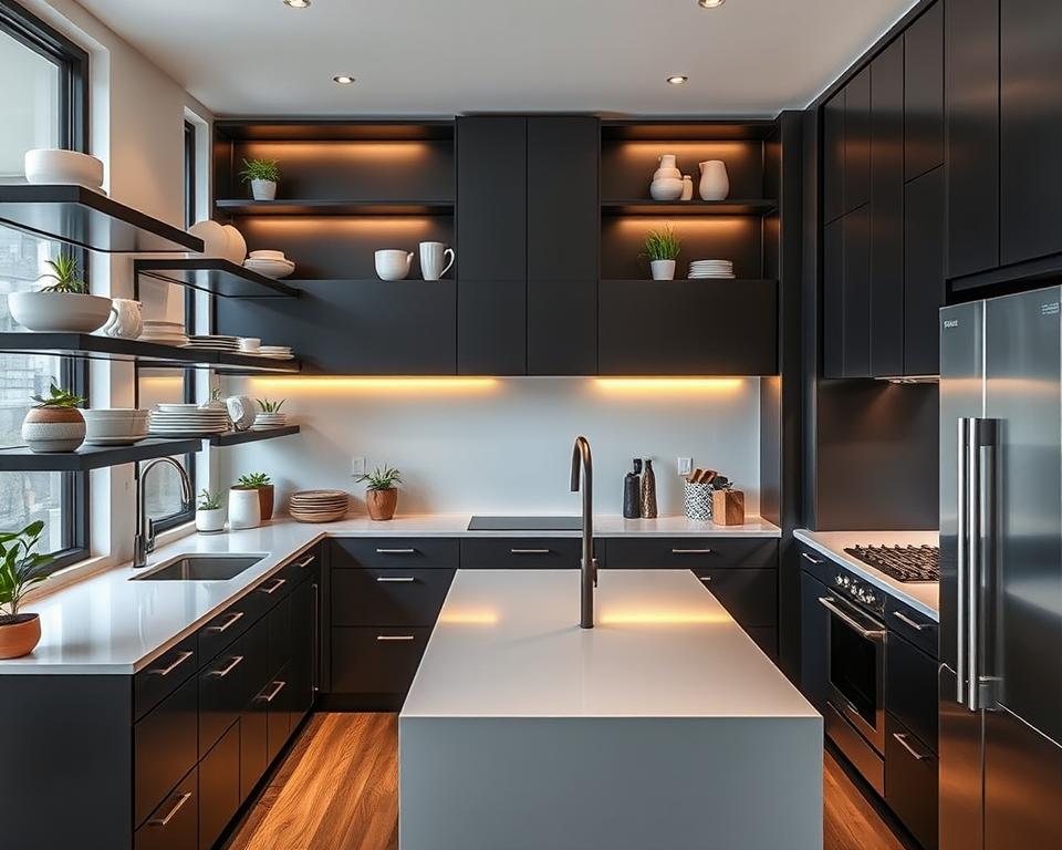 modern kitchen design featuring dark tones and open shelving